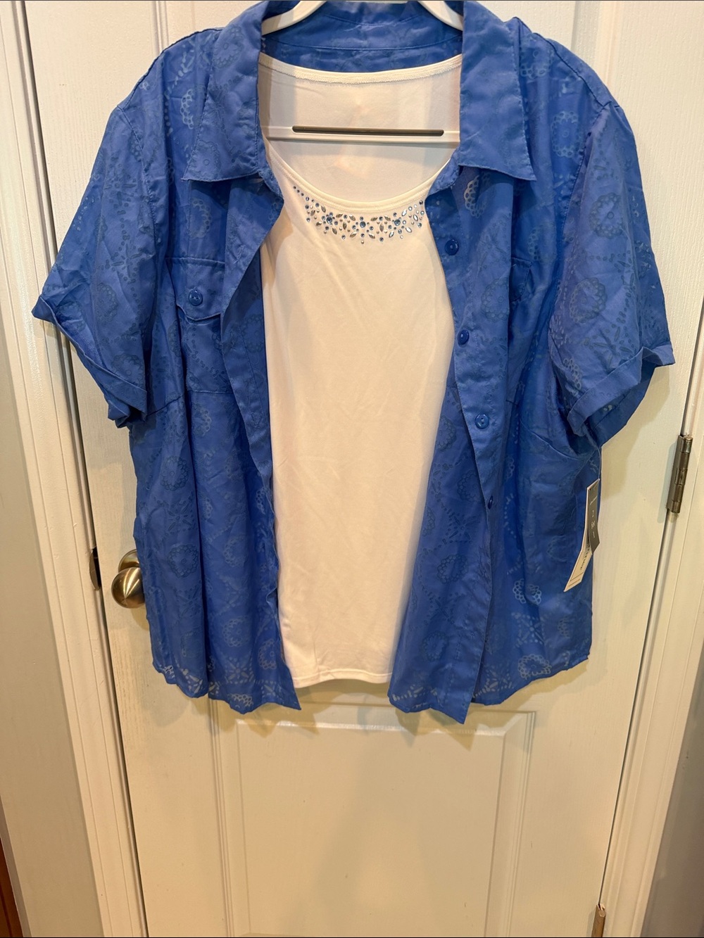 Alfred Dunner Blue Button-Down Overlay with White Tank